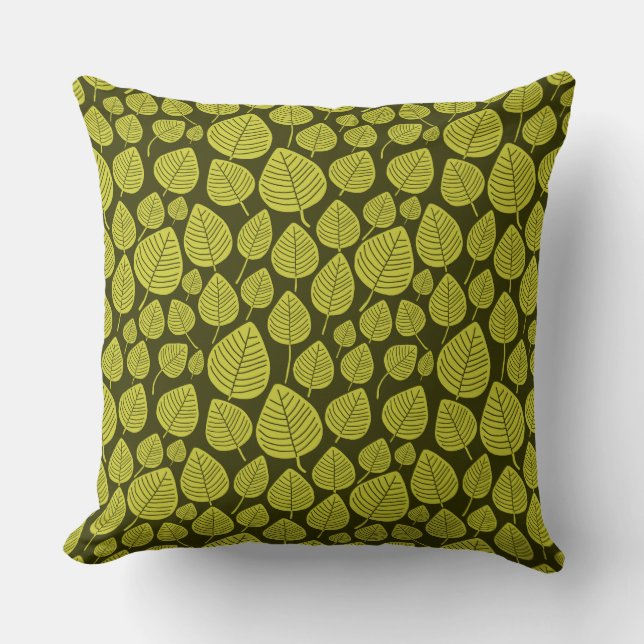 Leaf Pattern 02 - Banana Yellow on Dark Olive Cushion (Front)