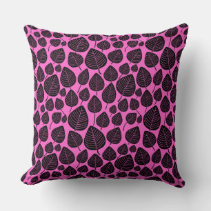 Leaf Pattern 02 - Black on Deep Pink Cushion