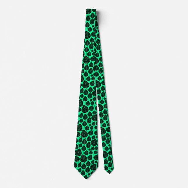 Leaf Pattern 02 - Black on Green 00ff99 Tie (Front)