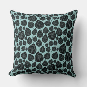Leaf Pattern 02 - Black on Light Blue Green Cushion