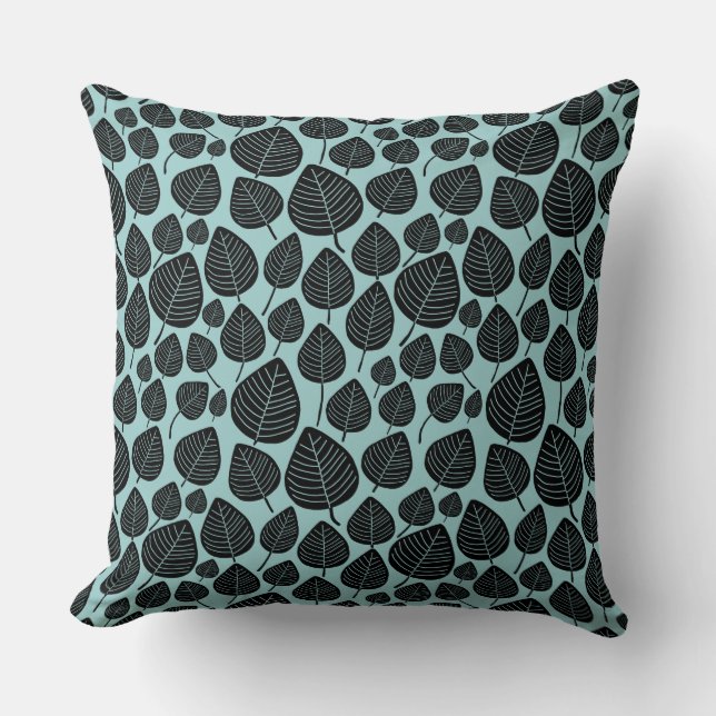 Leaf Pattern 02 - Black on Light Blue Green Cushion (Front)