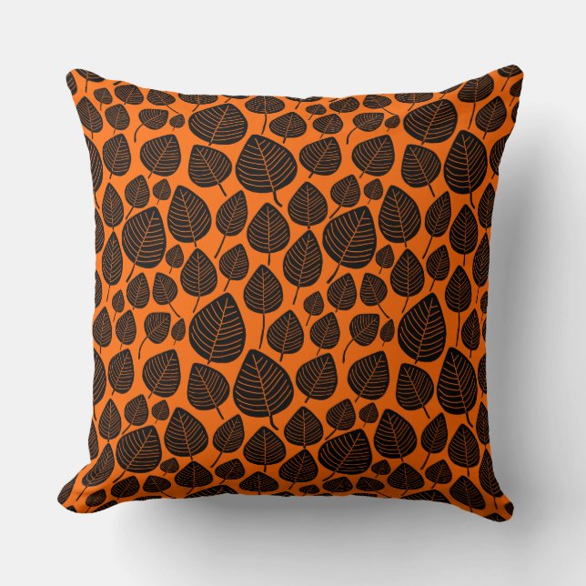 Leaf Pattern 02 - Black on Orange Cushion (Front)