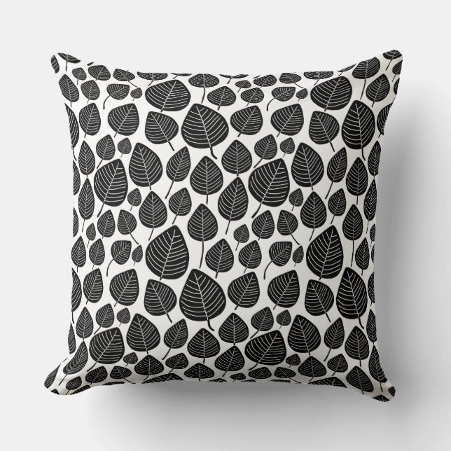 Leaf Pattern 02 - Black on White Cushion (Front)
