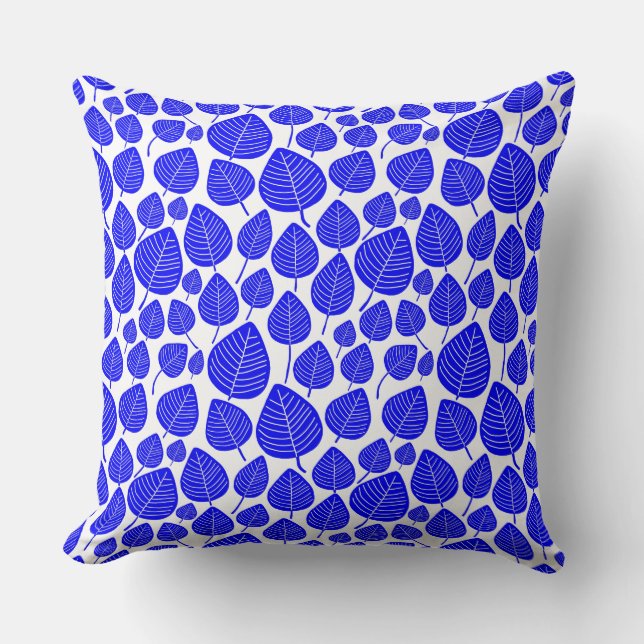 Leaf Pattern 02 - Blue on White Cushion (Front)