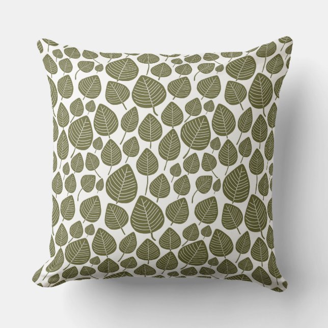 Leaf Pattern 02 - Deep Olive on White Cushion (Front)