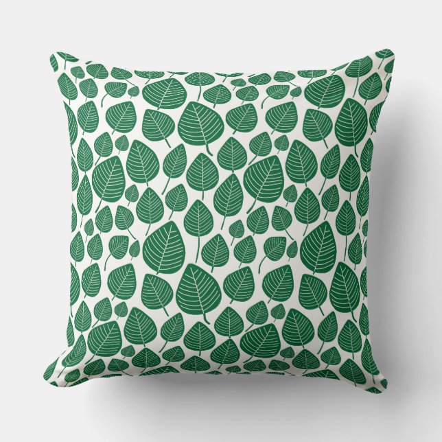 Leaf Pattern 02 - Forest Green on White Cushion (Front)