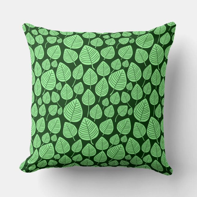 Leaf Pattern 02 - Mint Green on Dark Forest Green Cushion (Front)