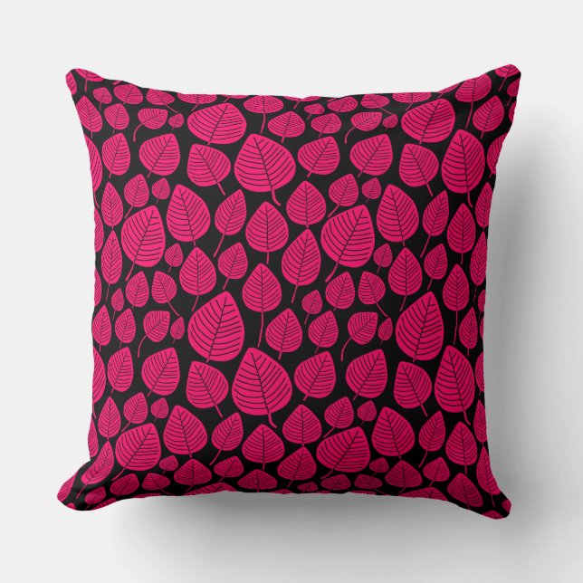 Leaf Pattern 02 - Neon Red on Black Cushion (Front)
