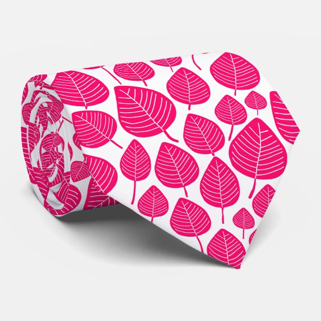 Leaf Pattern 02 - Neon Red on White Tie (Rolled)
