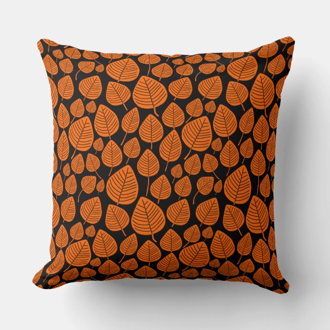 Leaf Pattern 02 - Orange on Black Cushion (Front)