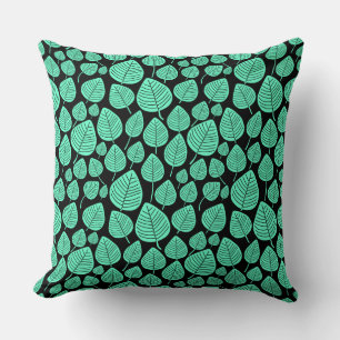 Leaf Pattern 02 - Turquoise on Black Cushion