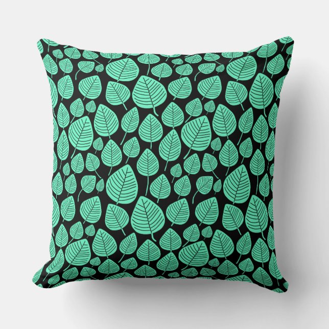 Leaf Pattern 02 - Turquoise on Black Cushion (Front)