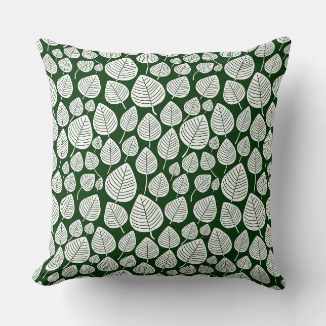 Leaf Pattern 02 - White on Dark Green Cushion (Front)