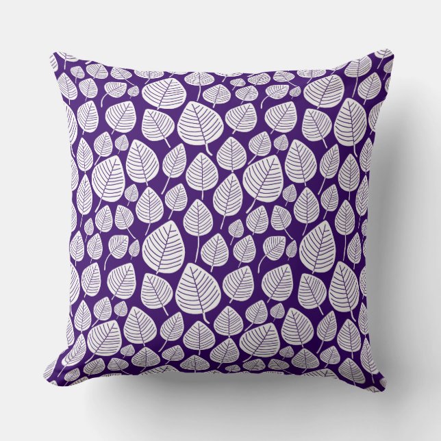 Leaf Pattern 02 - White on Deep Purple Cushion (Front)