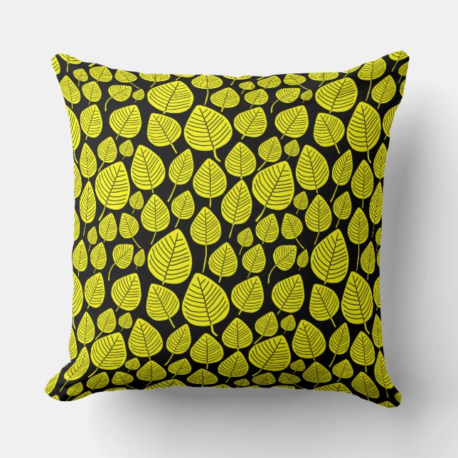 Leaf Pattern 02 - Yellow on Black Cushion (Front)