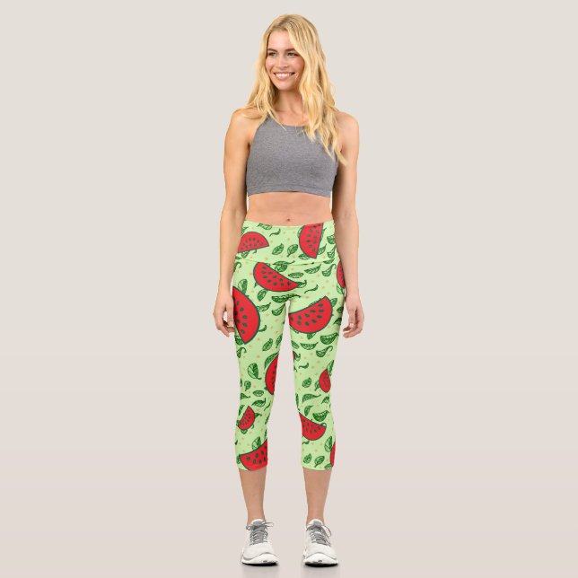 Leaf pattern and Watermelons Capri Leggings (Front)