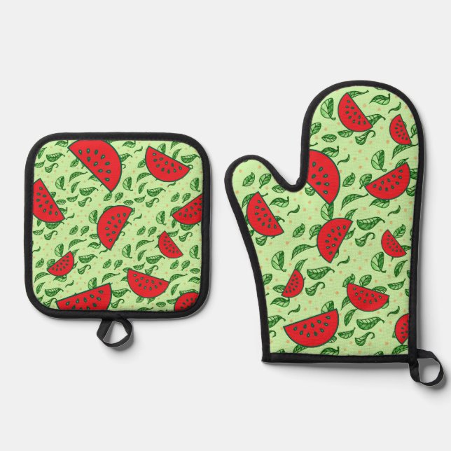 Leaf pattern and Watermelons Oven Mitt & Pot Holder Set (Front)