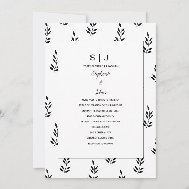 Leaf Pattern Black White Monogram Name Wedding Invitation (Front)