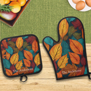 Leaf Pattern Fall Colours Autumn Oven Mitt & Pot Holder Set