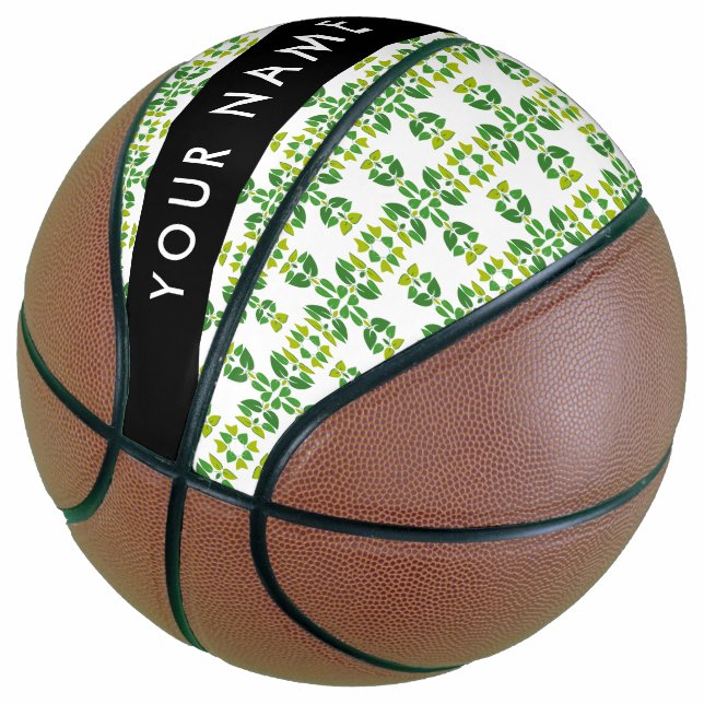 Leaf Pattern, Green Leaves, Your Name Basketball (Angled)