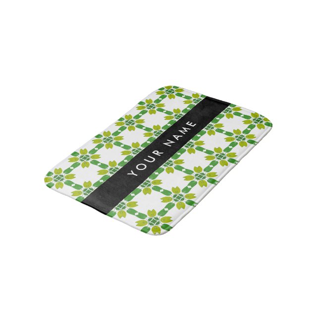 Leaf Pattern, Green Leaves, Your Name Bath Mat (Angled)