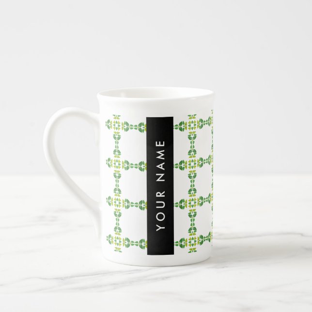 Leaf Pattern, Green Leaves, Your Name Bone China Mug (Left)
