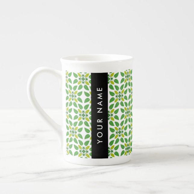 Leaf Pattern, Green Leaves, Your Name Bone China Mug (Left)