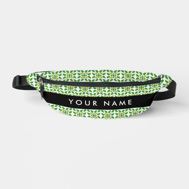 Leaf Pattern, Green Leaves, Your Name Bum Bags (Front)