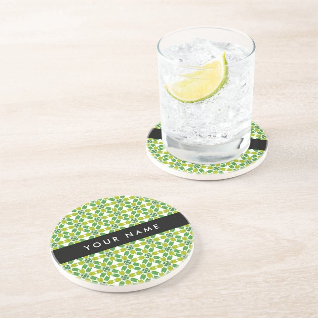Leaf Pattern, Green Leaves, Your Name Coaster (Side)