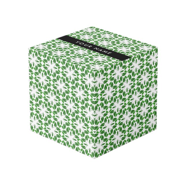 Leaf Pattern, Green Leaves, Your Name Cube (Front Angled)