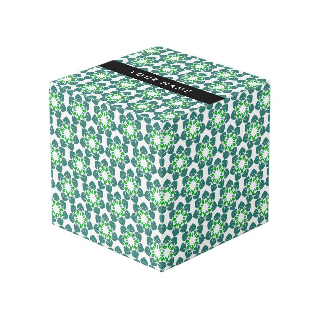 Leaf Pattern, Green Leaves, Your Name Cube (Front Angled)