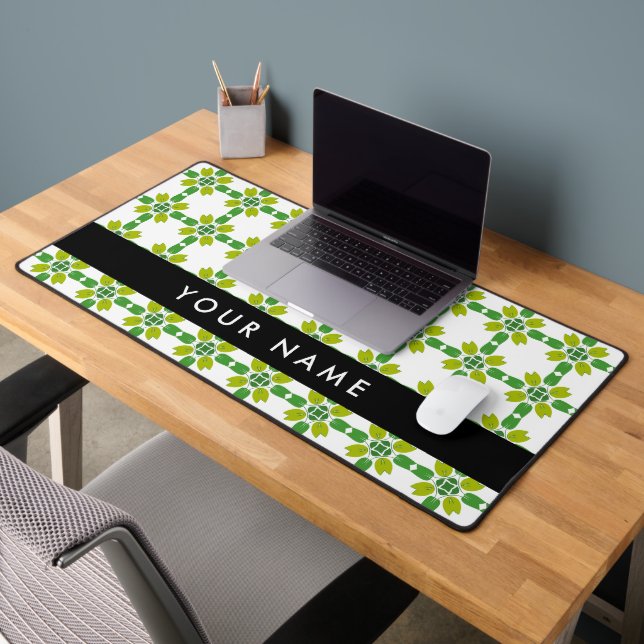 Leaf Pattern, Green Leaves, Your Name Desk Mat (Office 2)