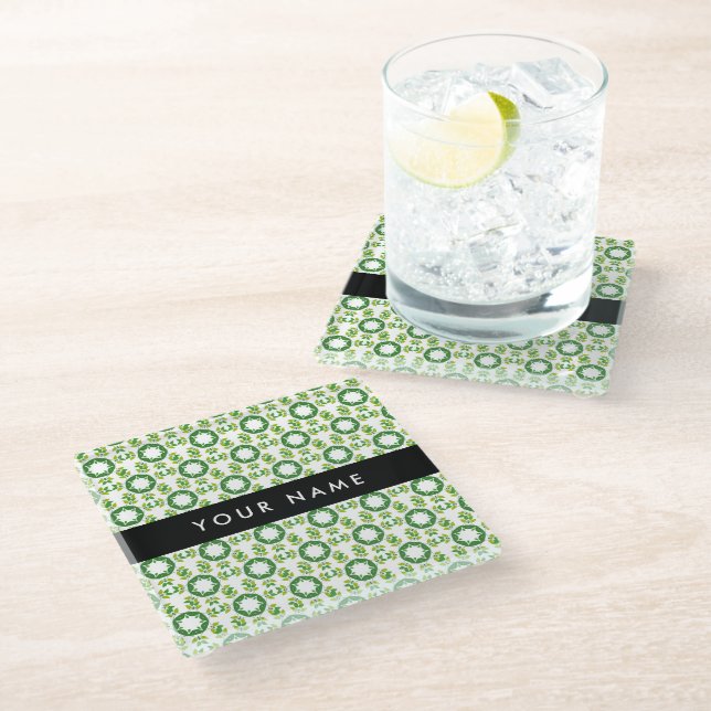 Leaf Pattern, Green Leaves, Your Name Glass Coaster (Angled)