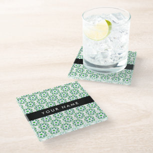 Leaf Pattern, Green Leaves, Your Name Glass Coaster