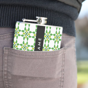 Leaf Pattern, Green Leaves, Your Name Hip Flask