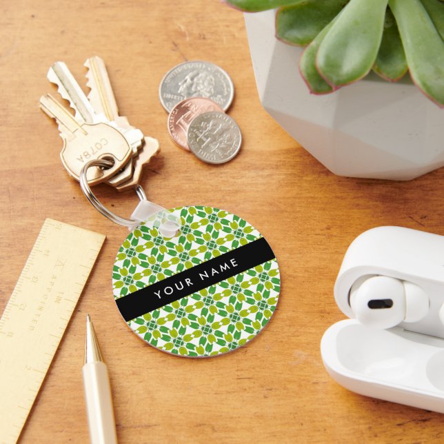Leaf Pattern, Green Leaves, Your Name Key Ring (Desk)