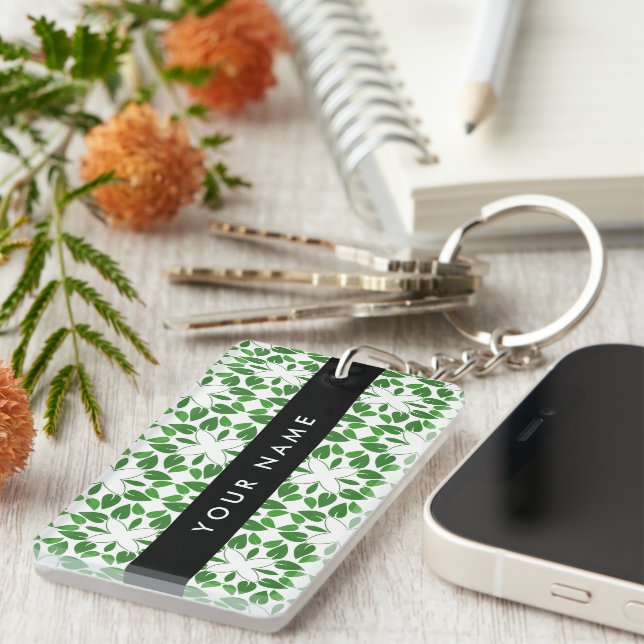 Leaf Pattern, Green Leaves, Your Name Key Ring (Front Right)