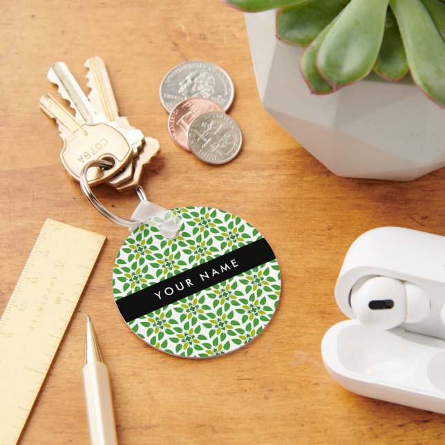 Leaf Pattern, Green Leaves, Your Name Key Ring (Desk)