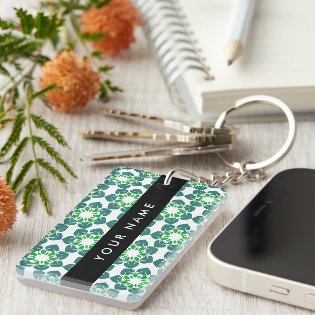 Leaf Pattern, Green Leaves, Your Name Key Ring (Front Right)