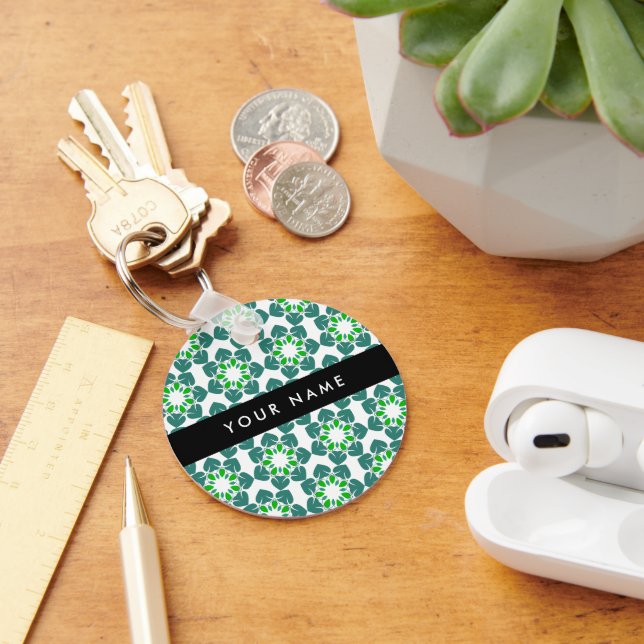 Leaf Pattern, Green Leaves, Your Name Key Ring (Desk)