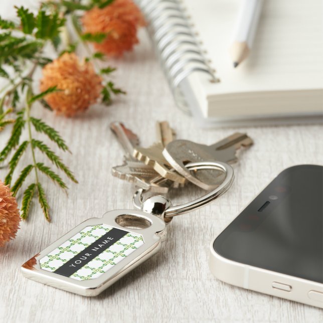 Leaf Pattern, Green Leaves, Your Name Key Ring (Side)