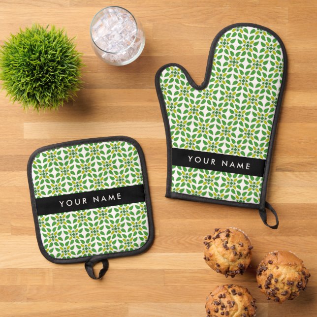 Leaf Pattern, Green Leaves, Your Name Oven Mitt & Pot Holder Set (Top Down)