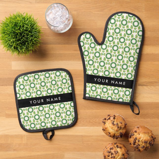Leaf Pattern, Green Leaves, Your Name Oven Mitt & Pot Holder Set (Top Down)