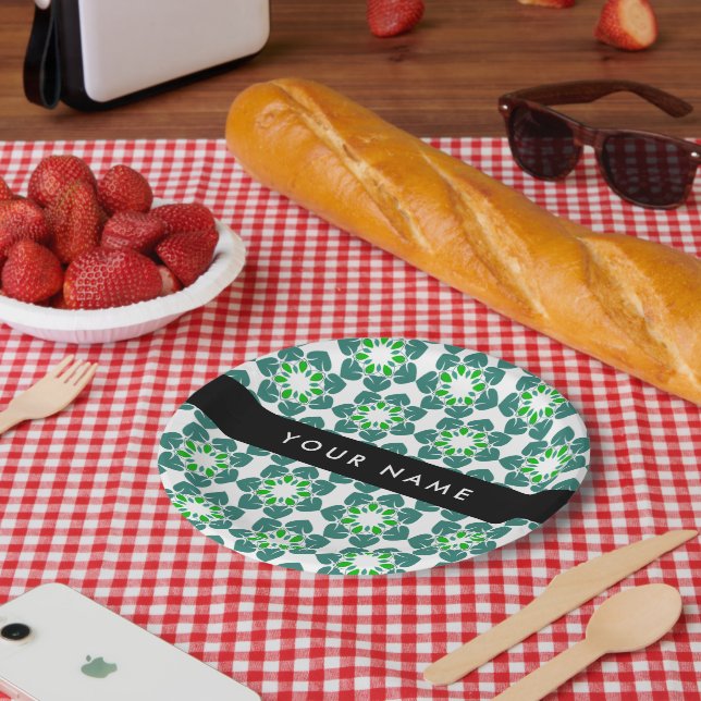 Leaf Pattern, Green Leaves, Your Name Paper Plate (Picnic)