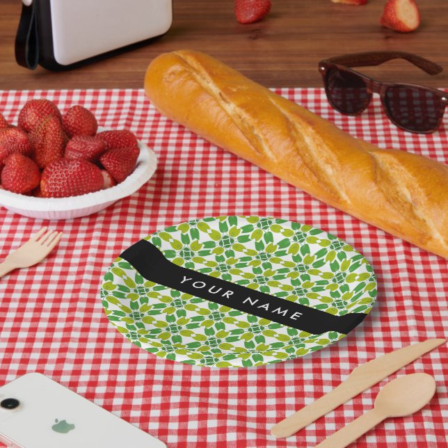 Leaf Pattern, Green Leaves, Your Name Paper Plate (Picnic)