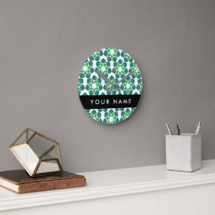Leaf Pattern, Green Leaves, Your Name Round Clock