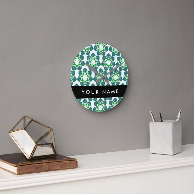 Leaf Pattern, Green Leaves, Your Name Round Clock (Office)