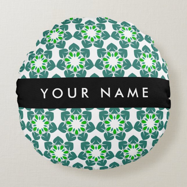 Leaf Pattern, Green Leaves, Your Name Round Cushion (Front)