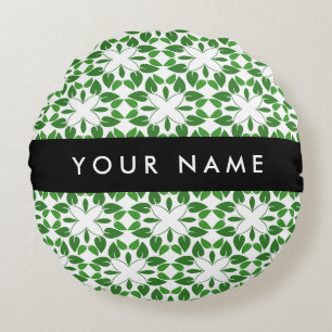 Leaf Pattern, Green Leaves, Your Name Round Cushion