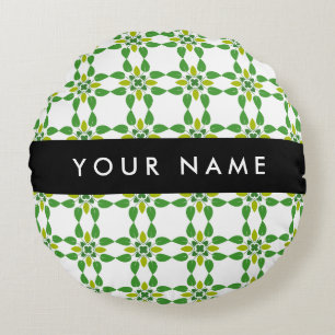 Leaf Pattern, Green Leaves, Your Name Round Cushion